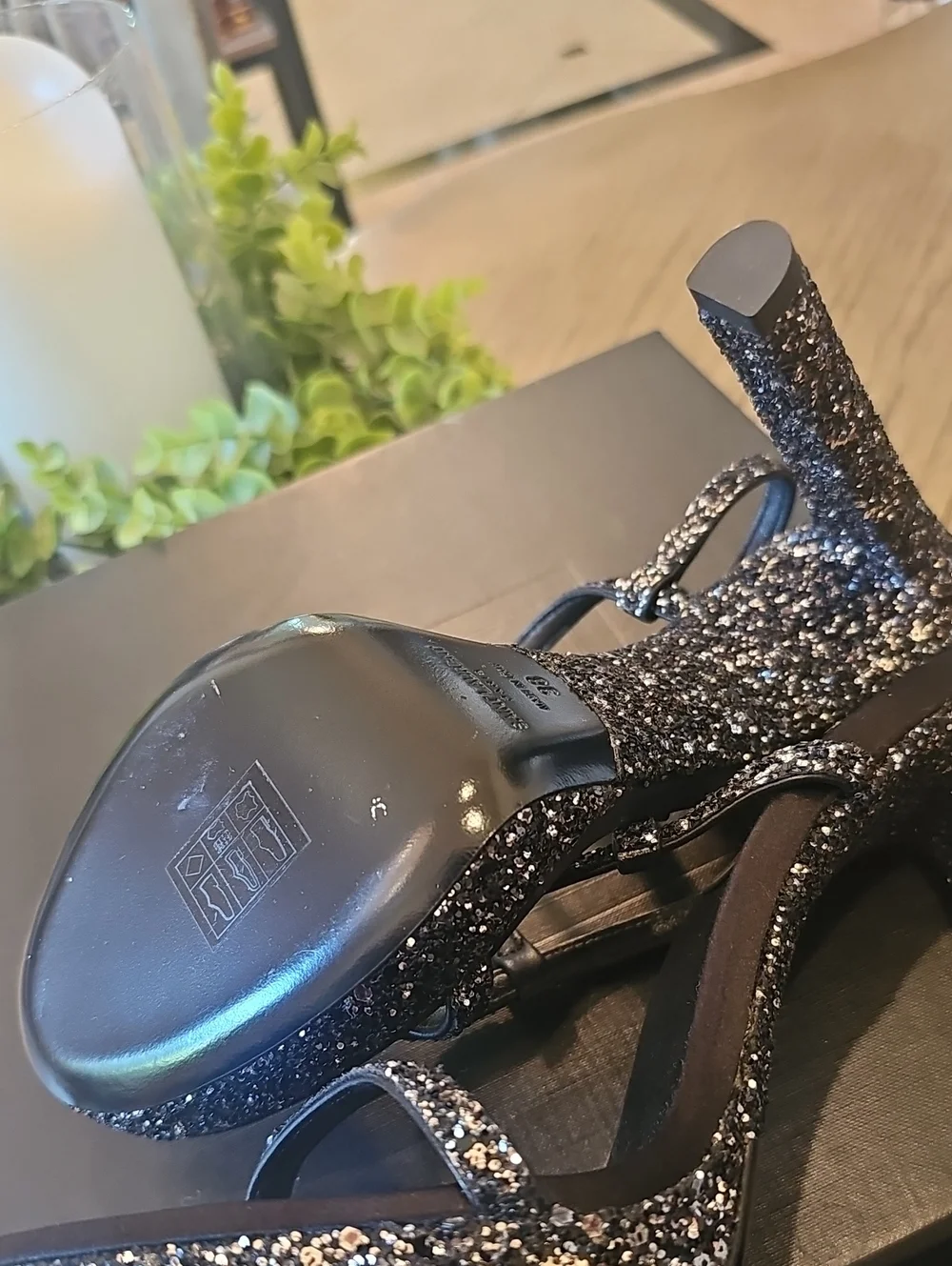 Saint Laurent Black Glitter Platform High Heel Sandals Size 38 NWT - Picture 6 of 15